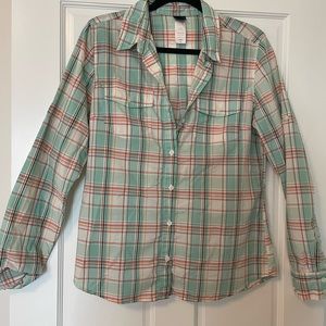 Patagonia Women’s 2 Long Sleeved Overcast Shirt Button Front Plaid Aqua White